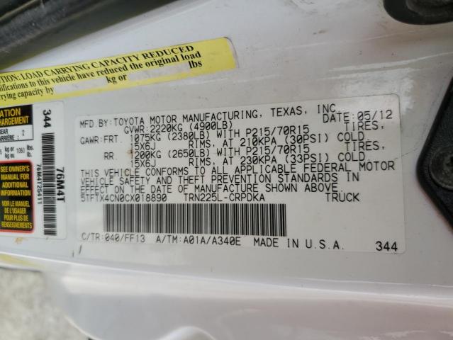 5TFTX4CN0CX018890 - 2012 TOYOTA TACOMA ACCESS CAB თეთრი ფოტო 12