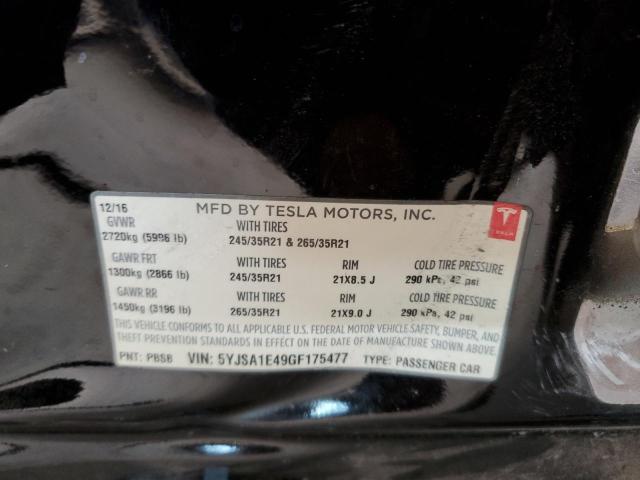 5YJSA1E49GF175477 - 2016 TESLA MODEL S Negro foto 12