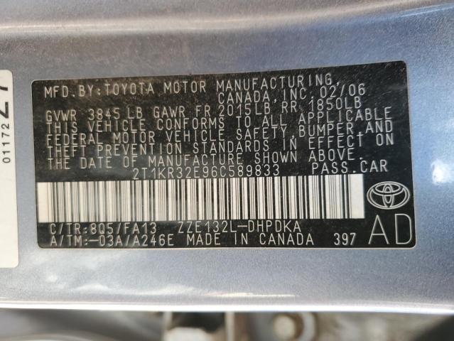 2T1KR32E96C589833 - 2006 TOYOTA COROLLA MA XR SILVER photo 12