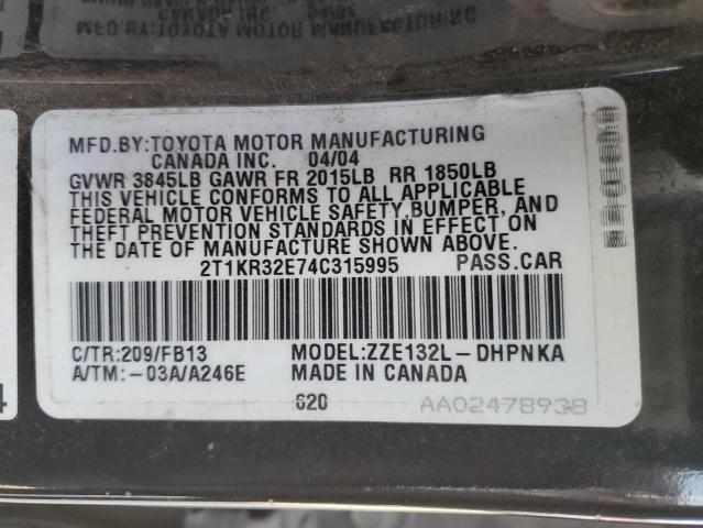 2T1KR32E74C315995 - 2004 TOYOTA COROLLA MA XR BLACK photo 12