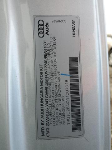 TRUTC28N041007018 - 2004 AUDI TT SILVER photo 12