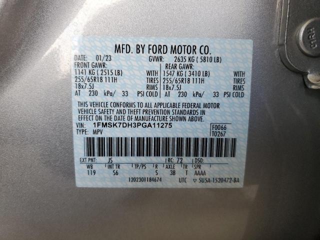 1FMSK7DH3PGA11275 - 2023 FORD EXPLORER XLT SILVER photo 13