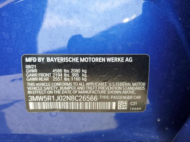3MW5R1J02N8C26566 - 2022 BMW 330I BLUE photo 12