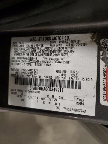 3FAHP0HA0CR349911 - 2012 FORD FUSION SE GRAY photo 12