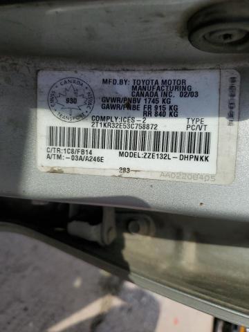 2T1KR32E53C758872 - 2003 TOYOTA COROLLA MA XR SILVER photo 12