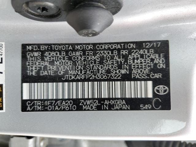 JTDKARFP2H3067322 - 2017 TOYOTA PRIUS PRIM ვერცხლისფერი ფოტო 13
