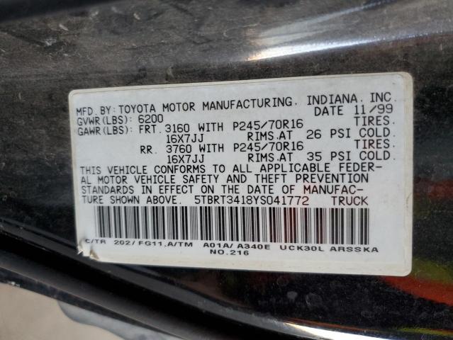 5TBRT3418YS041772 - 2000 TOYOTA TUNDRA ACCESS CAB შავი ფოტო 12