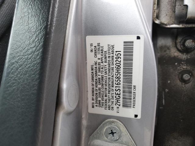 2HGES16585H602951 - 2005 HONDA CIVIC LX SILVER photo 12