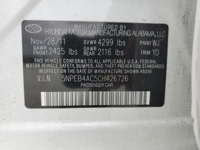 5NPEB4AC5CH426726 - 2012 HYUNDAI SONATA GLS WHITE photo 12