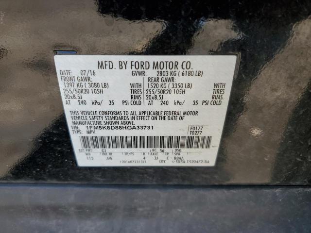 1FM5K8D88HGA33731 - 2017 FORD EXPLORER XLT BLACK photo 13