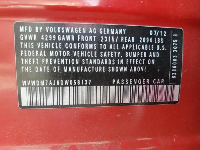WVWDM7AJ6DW058137 - 2013 VOLKSWAGEN GOLF Կարմիր լուսանկար 12