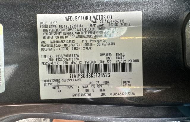 1FATP8UH3K5138523 - 2019 FORD MUSTANG GRAY photo 10
