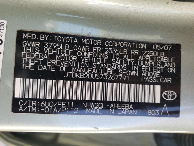 JTDKB20U573267791 - 2007 TOYOTA PRIUS GREEN photo 12