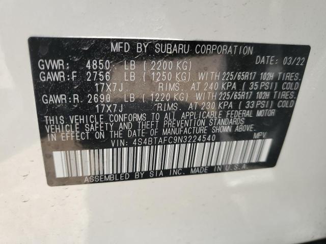 4S4BTAFC9N3224540 - 2022 SUBARU OUTBACK PREMIUM WHITE photo 14