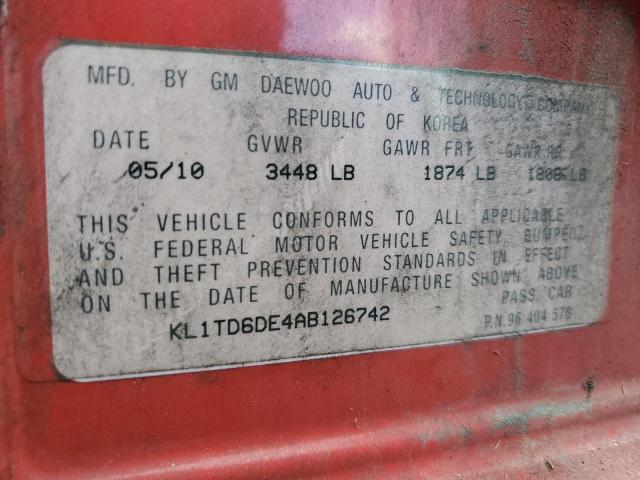 KL1TD6DE4AB126742 - 2010 CHEVROLET AVEO LS 红色 照片 12