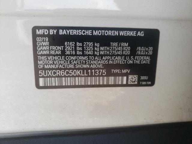 5UXCR6C50KLL11375 - 2019 BMW X5 XDRIVE40I WHITE photo 10