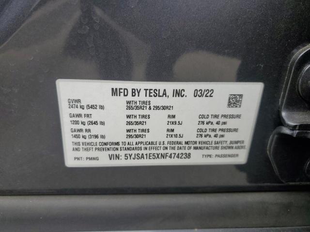 5YJSA1E5XNF474238 - 2022 TESLA MODEL S SILVER photo 14