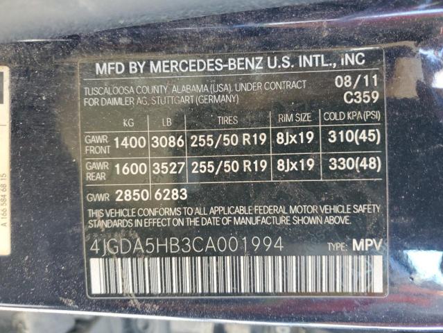 4JGDA5HB3CA001994 - 2012 MERCEDES-BENZ ML 350 4MATIC BLUE photo 12