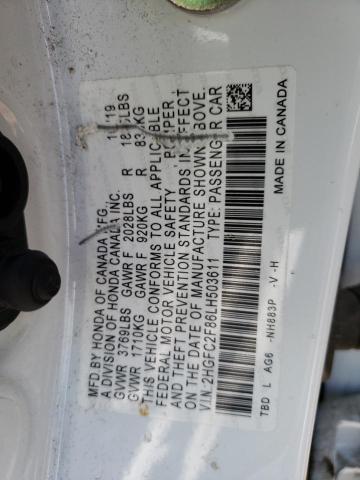 2HGFC2F86LH503611 - 2020 HONDA CIVIC SPORT WHITE photo 12