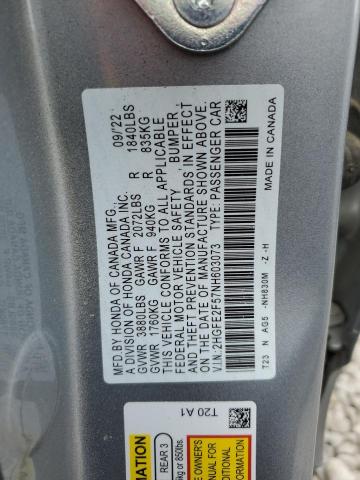 2HGFE2F57NH603073 - 2022 HONDA CIVIC SPORT 银色 照片 12