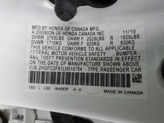 2HGFC2F81LH519764 - 2020 HONDA CIVIC SPORT 白色 照片 12
