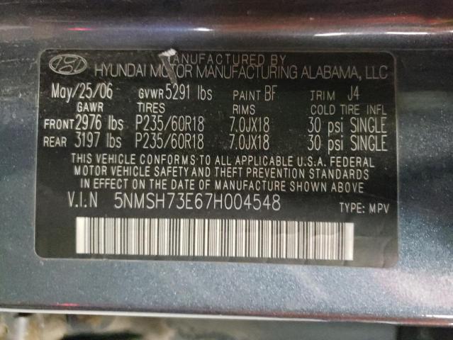 5NMSH73E67H004548 - 2007 HYUNDAI SANTA FE SE BLUE photo 12