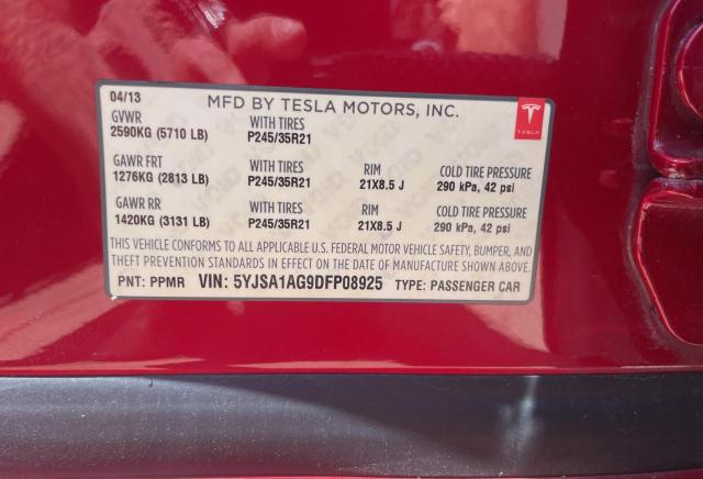 5YJSA1AG9DFP08925 - 2013 TESLA MODEL S წითელი ფოტო 10
