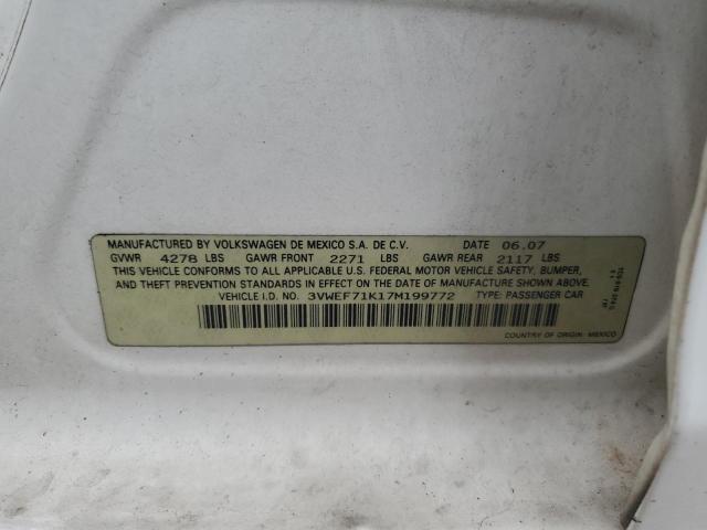 3VWEF71K17M199772 - 2007 VOLKSWAGEN JETTA WOLFSBURG 白色 照片 12