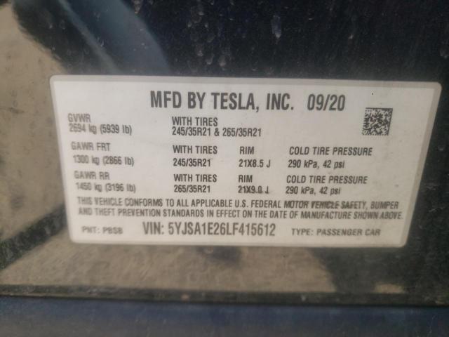 5YJSA1E26LF415612 - 2020 TESLA MODEL S შავი ფოტო 12