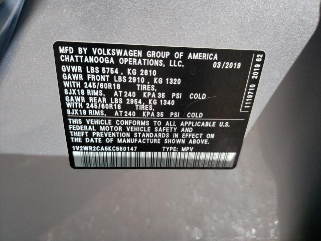 1V2WR2CA5KC550147 - 2019 VOLKSWAGEN ATLAS SE SILVER photo 13