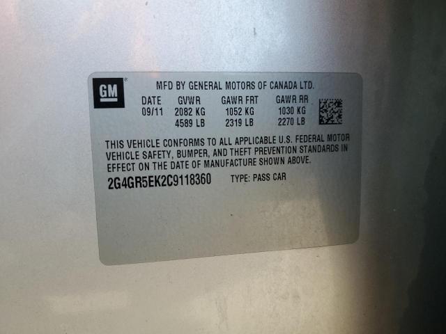 2G4GR5EK2C9118360 - 2012 BUICK REGAL SILVER photo 12