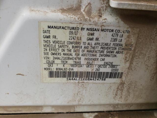 1N4AL21E08N424798 - 2008 NISSAN ALTIMA 2.5 WHITE photo 12