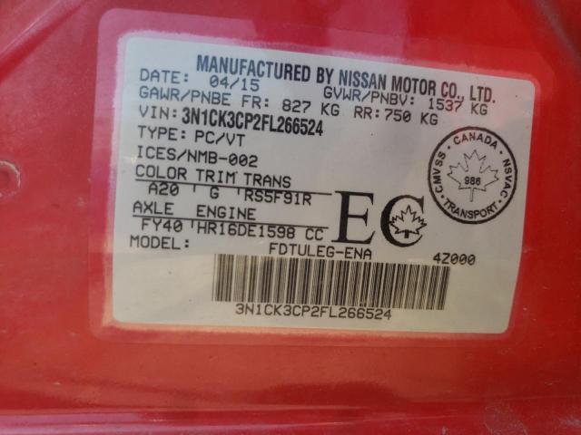 3N1CK3CP2FL266524 - 2015 NISSAN MICRA RED photo 12