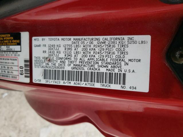 5TETU62N16Z268089 - 2006 TOYOTA TACOMA PRERUNNER ACCESS CAB RED photo 12