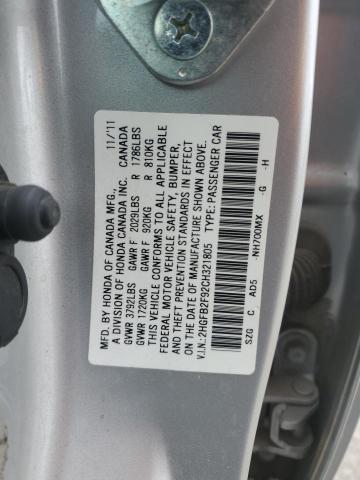 2HGFB2F92CH321805 - 2012 HONDA CIVIC EXL ვერცხლისფერი ფოტო 12