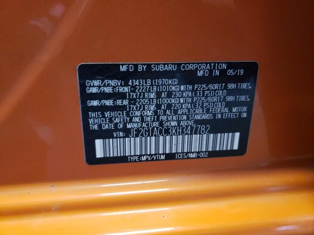 JF2GTACC3KH347782 - 2019 SUBARU CROSSTREK PREMIUM 橙色 照片 10