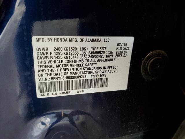 5FNYF8H58KB009243 - 2019 HONDA PASSPORT EXL BLUE photo 13