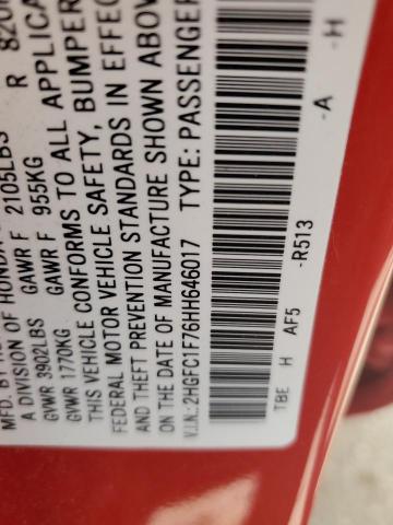 2HGFC1F76HH646017 - 2017 HONDA CIVIC EXL წითელი ფოტო 12