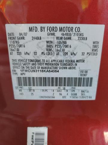 1FMCU93118KA64084 - 2008 FORD ESCAPE XLT RED photo 12