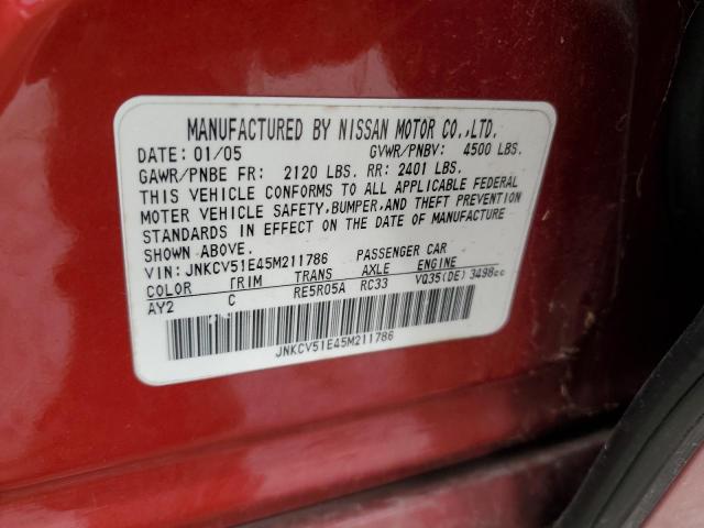 JNKCV51E45M211786 - 2005 INFINITI G35 RED photo 12