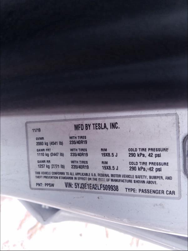 5YJ3E1EA2LF509938 - 2020 TESLA MODEL 3 WHITE photo 10