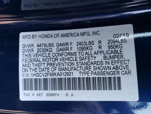 1HGCV2F95KA012921 - 2019 HONDA ACCORD TOURING BLUE photo 12