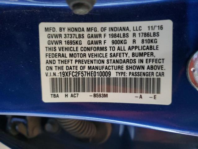 19XFC2F57HE010009 - 2017 HONDA CIVIC LX BLUE photo 12