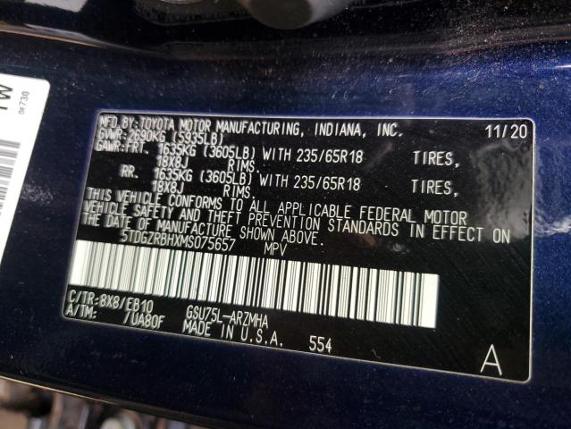 5TDGZRBHXMS075657 - 2021 TOYOTA HIGHLANDER XLE 蓝色 照片 13