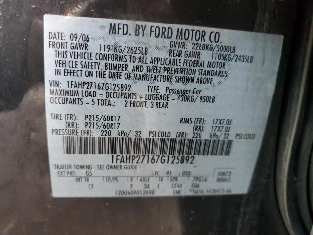 1FAHP27167G125892 - 2007 FORD FIVE HUNDR SEL CHARCOAL photo 12