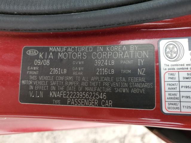 KNAFE222395622546 - 2009 KIA SPECTRA EX RED photo 12