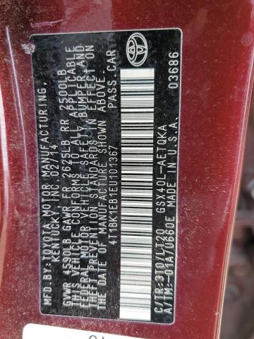 4T1BK1EB1EU101367 - 2014 TOYOTA AVALON BASE 勃艮第红 照片 12