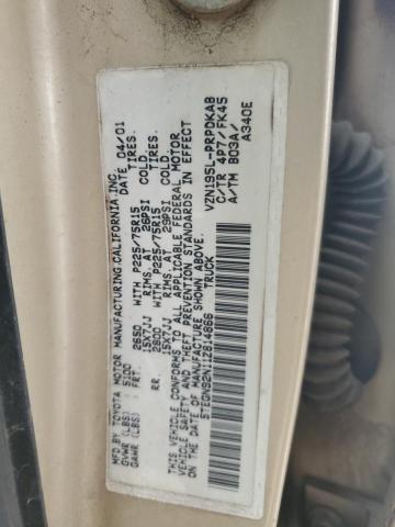 5TEGN92N11Z814866 - 2001 TOYOTA TACOMA DOUBLE CAB PRERUNNER TAN photo 12