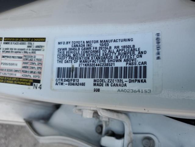 2T1KR32E44C238521 - 2004 TOYOTA COROLLA MA XR WHITE photo 12