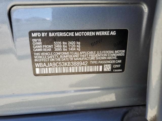 WBAJA9C53KB388942 - 2019 BMW 530E GRAY photo 12